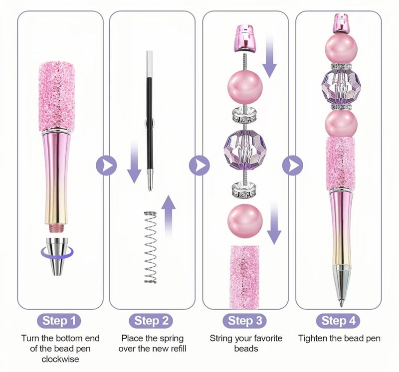 KUNHEHO 12pcs Pink Pens for Beads Set Beadable Pens Fancy Glitter Ballpoint Cute Pens Retrtacable Black Ink Jounalling Pens For Tween Girls Women DIY Gifts Trendy Stuff - Image 4