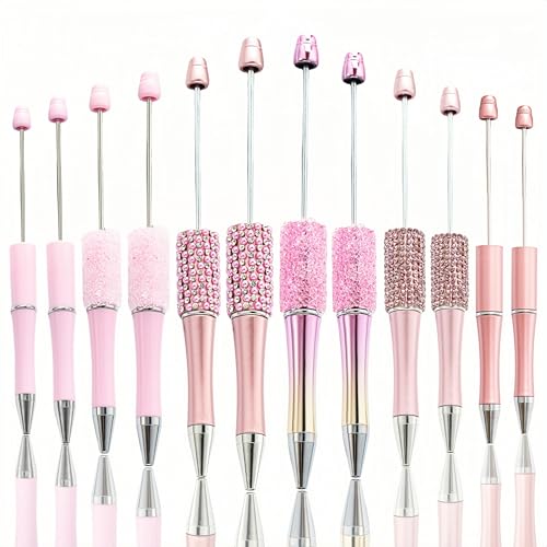 KUNHEHO 12pcs Pink Pens for Beads Set Beadable Pens Fancy Glitter Ballpoint Cute Pens Retrtacable Black Ink Jounalling Pens For Tween Girls Women DIY Gifts Trendy Stuff - Image 1