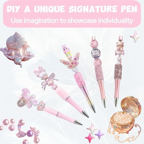 KUNHEHO 12pcs Pink Pens for Beads Set Beadable Pens Fancy Glitter Ballpoint Cute Pens Retrtacable Black Ink Jounalling Pens For Tween Girls Women DIY Gifts Trendy Stuff - Image 2