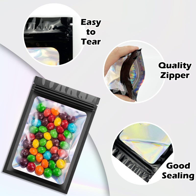 Arsmat 300 Pcs Holographic Mylar Bags, 3 Size Smell Proof Bags with Clear Window Foil Pouch Bags Resealable Bags for Small Business and Food Storage, Black - Image 4