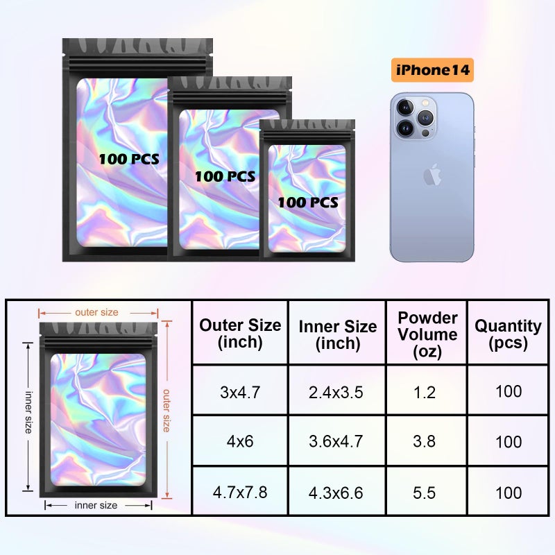 Arsmat 300 Pcs Holographic Mylar Bags, 3 Size Smell Proof Bags with Clear Window Foil Pouch Bags Resealable Bags for Small Business and Food Storage, Black - Image 2