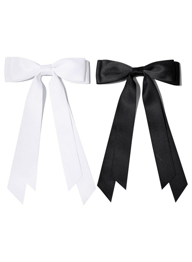 Aileam 2Pcs Silky Satin Hair Bows Hair Clip Black White Hair Ribbon Ponytail Holder Accessories Slides Metal Clips Hair Bow For Women Girls Toddlers Teens Kids - Image 3