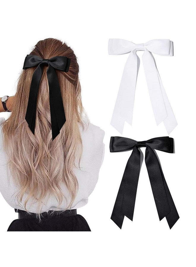 Aileam 2Pcs Silky Satin Hair Bows Hair Clip Black White Hair Ribbon Ponytail Holder Accessories Slides Metal Clips Hair Bow For Women Girls Toddlers Teens Kids - Image 1