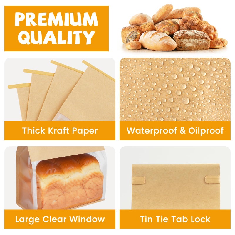 Foranda 50 Pack Bread Bags with Tabs for Homemade Sourdough Bread, 8.7x4.3x11 Inches Tin Tie Tab Lock Large Paper Bakery Packaging Bags with Window for Gifting & Bake Sale - Image 3
