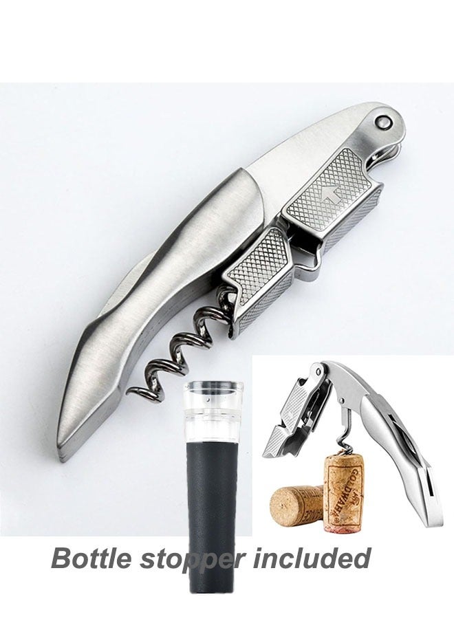 Corkscrew and bottle stopper set- Professional Wine Bottle Opener, Wine Accessories, Gift for Wine Lovers, Stainless Steel - Set of 2, Silver  - Image 3