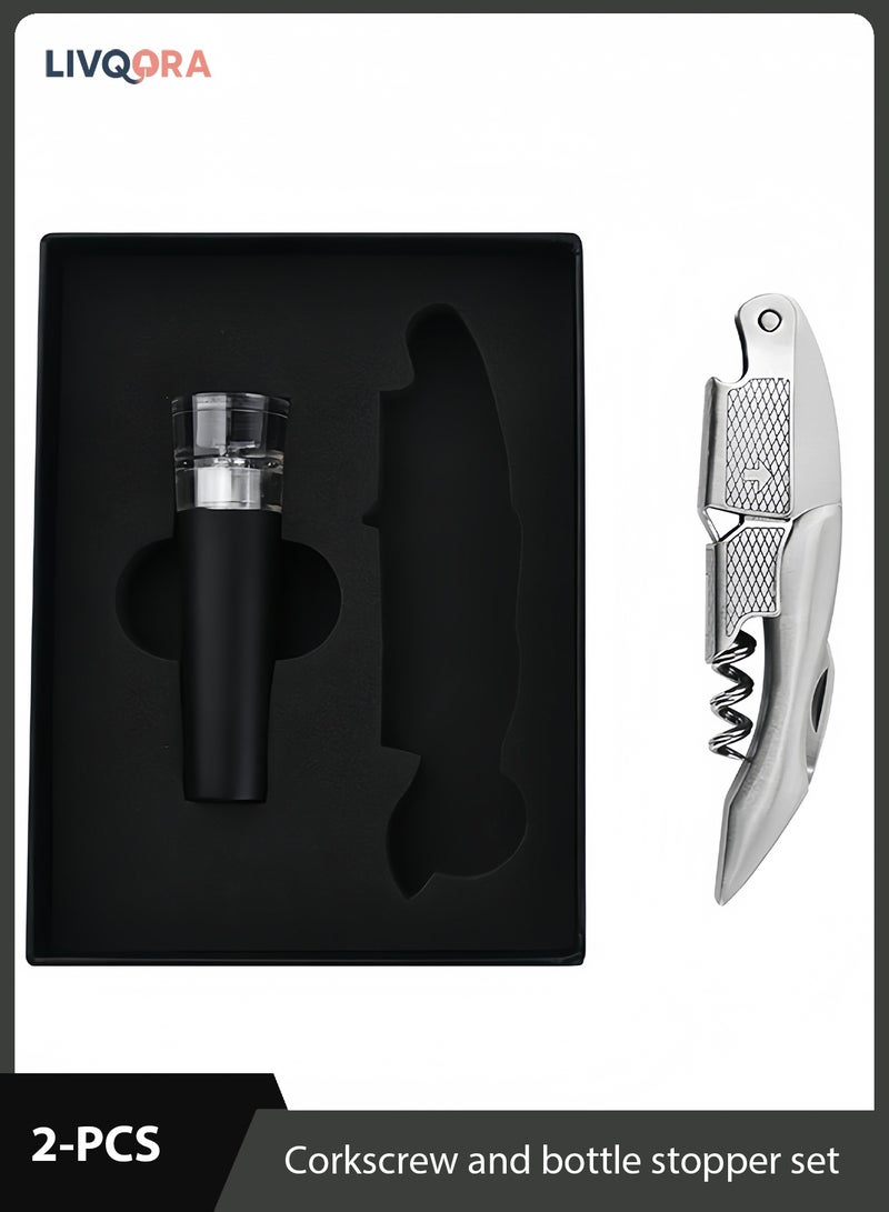 LIVQORA Corkscrew and bottle stopper set- Professional Wine Bottle Opener, Wine Accessories, Gift for Wine Lovers, Stainless Steel - Set of 2, Silver - Image 1