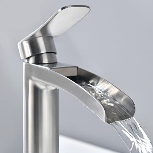 Phiestina Brushed Nickel Tall Bathroom Vessel Sink Faucet, Single Hole Single Handle Waterfall Modern Above Countertop Sink Bathroom Faucet, with Pop Up Drain and Water Supply Line, NS-SF01-BN-V - Image 4