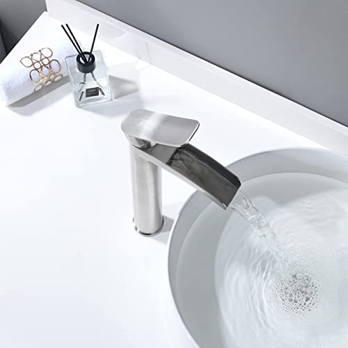 Phiestina Brushed Nickel Tall Bathroom Vessel Sink Faucet, Single Hole Single Handle Waterfall Modern Above Countertop Sink Bathroom Faucet, with Pop Up Drain and Water Supply Line, NS-SF01-BN-V - Image 2