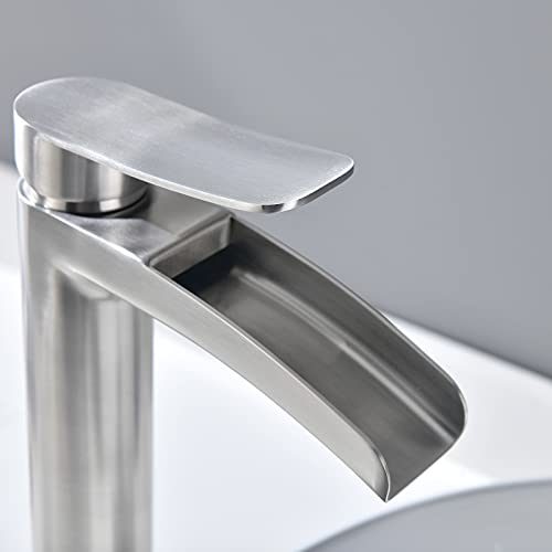 Phiestina Brushed Nickel Tall Bathroom Vessel Sink Faucet, Single Hole Single Handle Waterfall Modern Above Countertop Sink Bathroom Faucet, with Pop Up Drain and Water Supply Line, NS-SF01-BN-V - Image 3