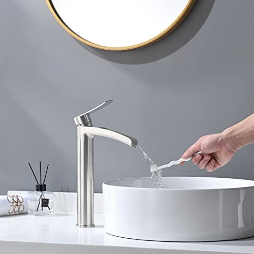 Phiestina Brushed Nickel Tall Bathroom Vessel Sink Faucet, Single Hole Single Handle Waterfall Modern Above Countertop Sink Bathroom Faucet, with Pop Up Drain and Water Supply Line, NS-SF01-BN-V - Image 5