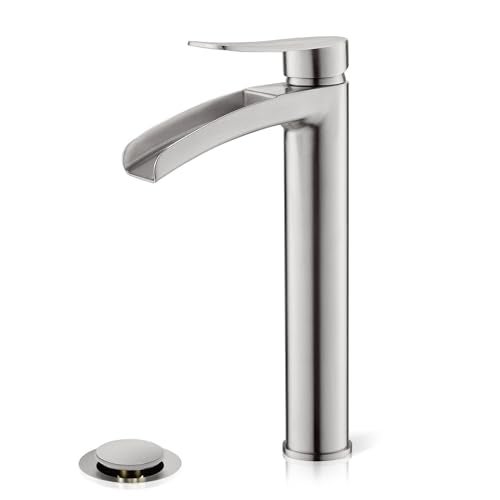 Phiestina Brushed Nickel Tall Bathroom Vessel Sink Faucet, Single Hole Single Handle Waterfall Modern Above Countertop Sink Bathroom Faucet, with Pop Up Drain and Water Supply Line, NS-SF01-BN-V - Image 1