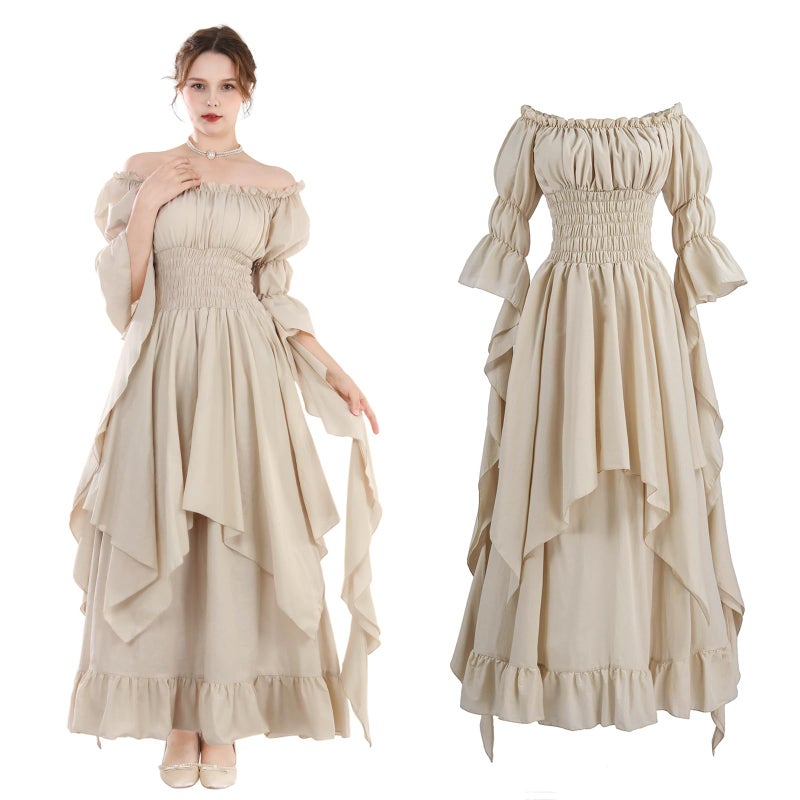 NSPSTT Women's Victorian Renaissance Costume Gothic Witch Medieval Wedding Dress, Beige, Large-X-Large - Image 2