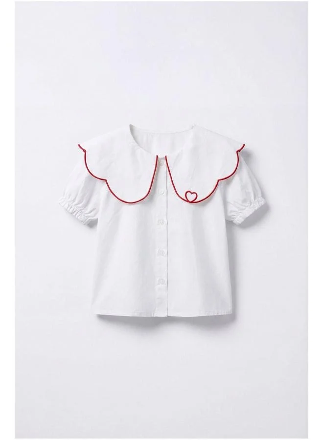 Magu Girls’ White Cotton Shirt with Heart Embroidery and Red Tulle Skirt Set