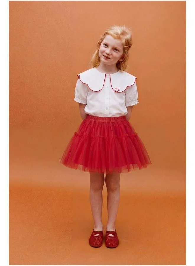 Magu Girls’ White Cotton Shirt with Heart Embroidery and Red Tulle Skirt Set