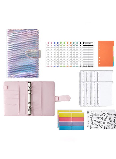 A6 Laser Dazzling Flipbook Budget Flipbook Binder 6 Ring Leather Notebook Flipbook Binder Cover, Cash Budget System with Transparent Zipper Pocket Colorful Label
