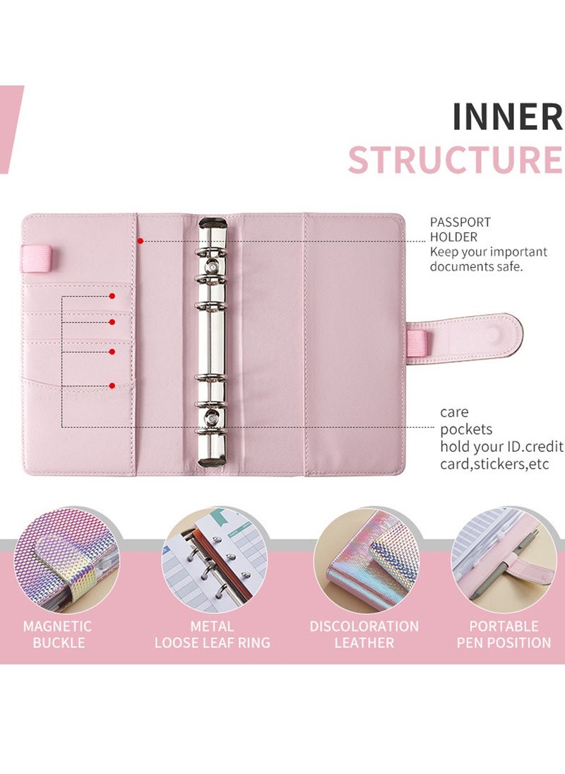 SYOSI - A6 Laser Dazzling Flipbook Budget Flipbook Binder 6 Ring Leather Notebook Flipbook Binder Cover, Cash Budget System with Transparent Zipper Pocket Colorful Label - Image 1