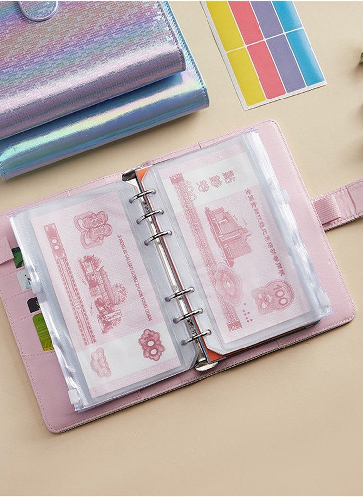SYOSI - A6 Laser Dazzling Flipbook Budget Flipbook Binder 6 Ring Leather Notebook Flipbook Binder Cover, Cash Budget System with Transparent Zipper Pocket Colorful Label - Image 1