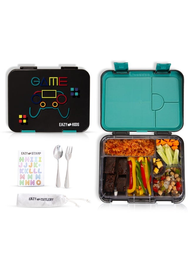 Eazy Kids Eazy Kids 6 & 4 Convertible Bento Lunch Box w/ Steel Spoon & Fork Set and Alphabets Sticker - Gamer  - Image 1