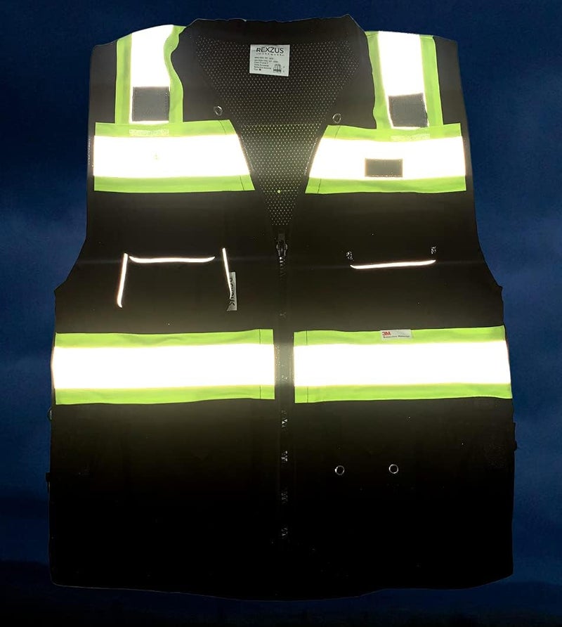 REXZUS Safety Vest for Men - Black Series with Zipper and Utility Pockets - Premium Surveyors Vest (L, Black) - Image 5