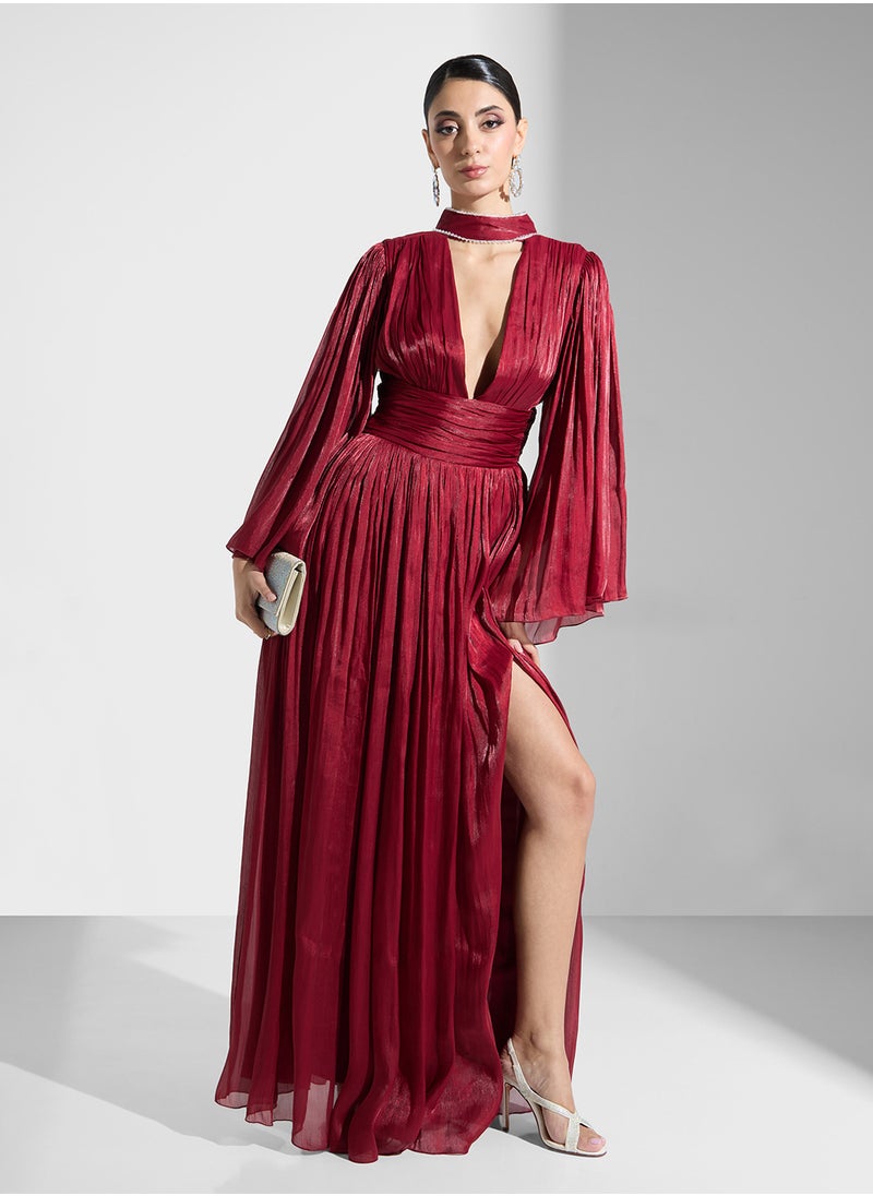 Namshi x Deep Neck Dress With Slit  - Image 5