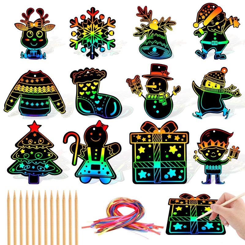 JULMELON Christmas Scratch Art 36 PCS Christmas Crafts Kits for Kids Rainbow Magic Scratch Paper Cards Xmas Hanging Ornaments Decorations DIY Winter Holiday Party Favors - Image 3
