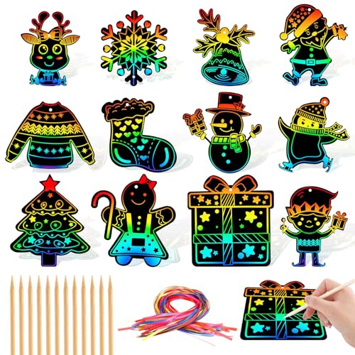 JULMELON Christmas Scratch Art 36 PCS Christmas Crafts Kits for Kids Rainbow Magic Scratch Paper Cards Xmas Hanging Ornaments Decorations DIY Winter Holiday Party Favors - Image 1