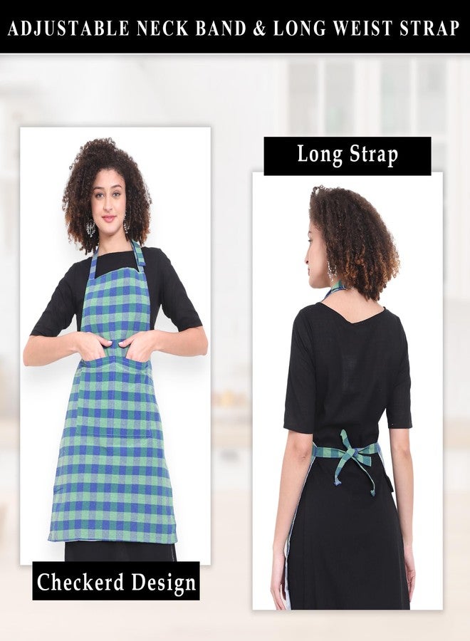 GLUN® Green & Blue Apron, Checkered Design Unisex Kitchen Aprons, Pack of 2, Waterproof Back with 2 Centre Pocket & Adjustable Neck Strap - Image 3