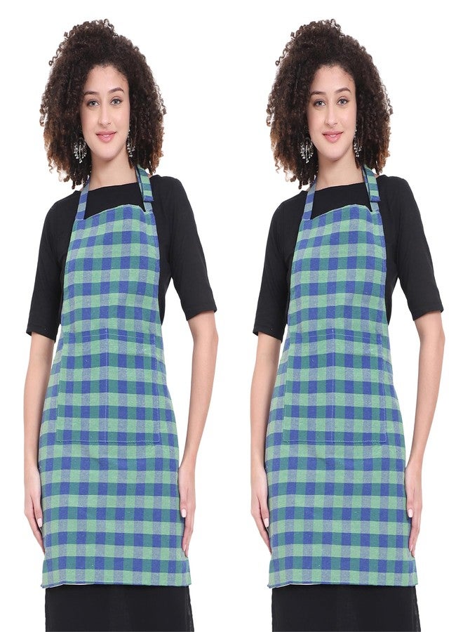 GLUN® Green & Blue Apron, Checkered Design Unisex Kitchen Aprons, Pack of 2, Waterproof Back with 2 Centre Pocket & Adjustable Neck Strap - Image 1