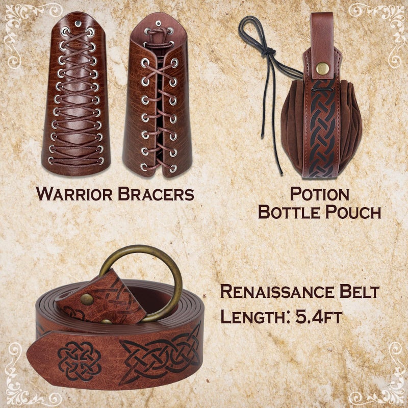 Vegove Women Medieval Viking Costume Accessories, Renaissance Fairy Elf Ears & Moon Head Chain Corset Bracer Kit for Halloween (Brown, Medium) - Image 3