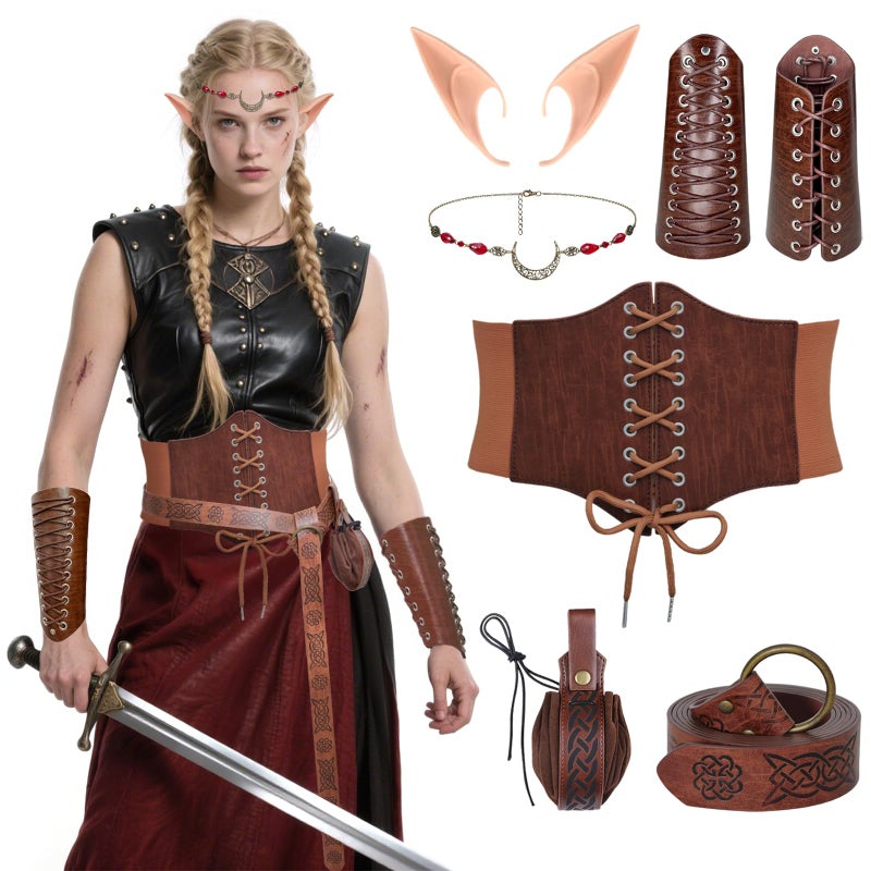 Vegove Women Medieval Viking Costume Accessories, Renaissance Fairy Elf Ears & Moon Head Chain Corset Bracer Kit for Halloween (Brown, Medium) - Image 1