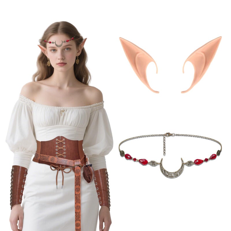 Vegove Women Medieval Viking Costume Accessories, Renaissance Fairy Elf Ears & Moon Head Chain Corset Bracer Kit for Halloween (Brown, Medium) - Image 2