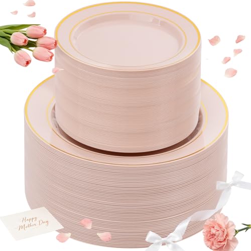 NOCCUR 200PCS Pink Plastic Plates for 100 Guests - Include 100PCS 10" Dinner/ 100PCS 7" Dessert Plastic Plates Heavy Duty - Ideal for Wedding/Party/Mother's Day - Image 1