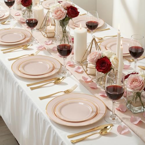 NOCCUR 200PCS Pink Plastic Plates for 100 Guests - Include 100PCS 10" Dinner/ 100PCS 7" Dessert Plastic Plates Heavy Duty - Ideal for Wedding/Party/Mother's Day - Image 4