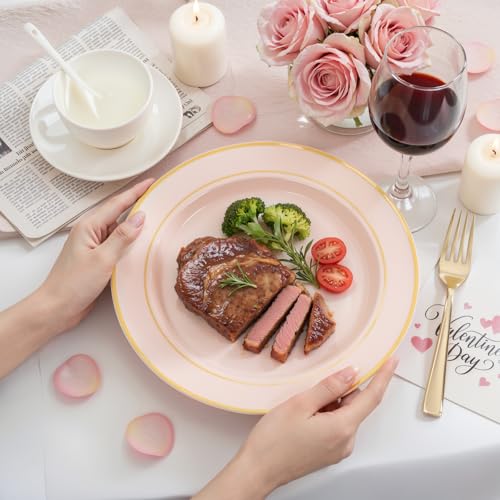 NOCCUR 200PCS Pink Plastic Plates for 100 Guests - Include 100PCS 10" Dinner/ 100PCS 7" Dessert Plastic Plates Heavy Duty - Ideal for Wedding/Party/Mother's Day - Image 5