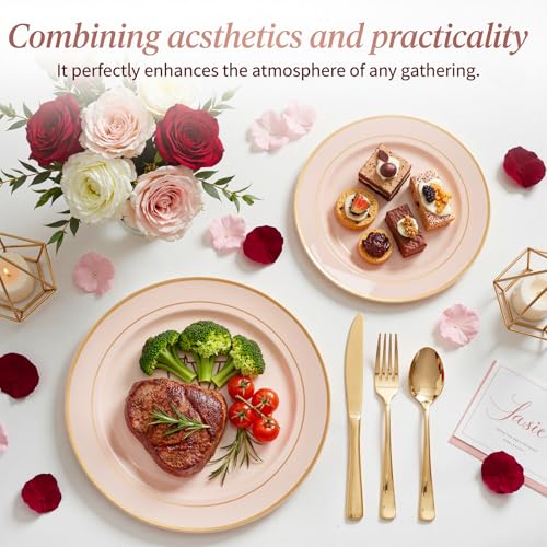 NOCCUR 200PCS Pink Plastic Plates for 100 Guests - Include 100PCS 10" Dinner/ 100PCS 7" Dessert Plastic Plates Heavy Duty - Ideal for Wedding/Party/Mother's Day - Image 3