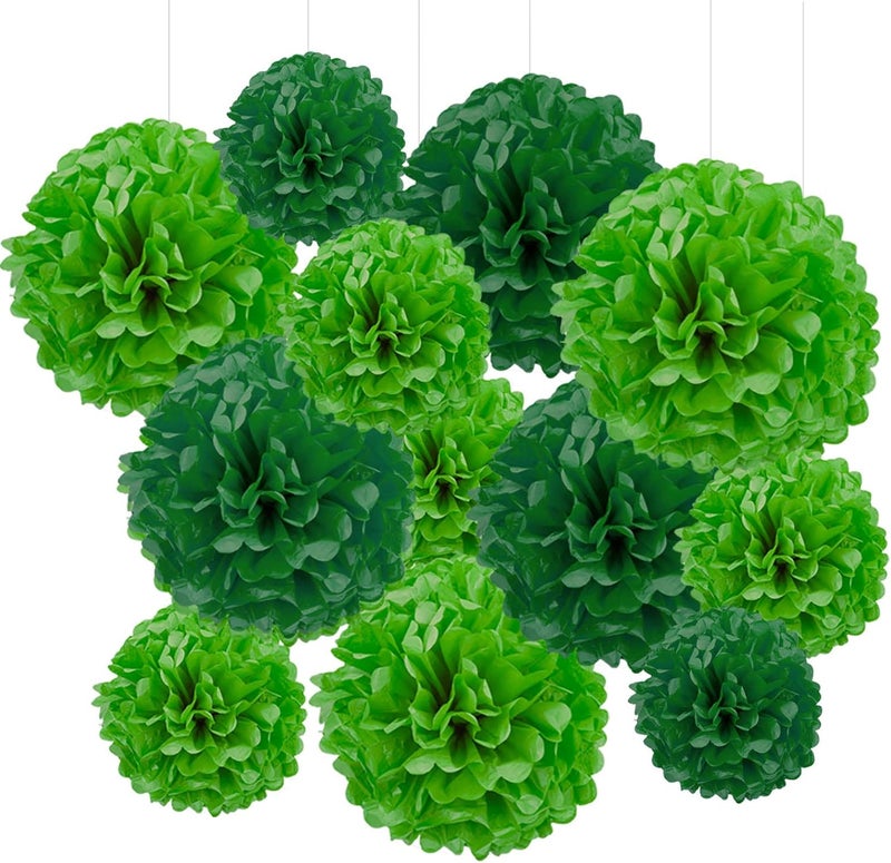 GAKA Green and Light Green Tissue Paper Pom Poms,Hanging Flower Ball Decoration 10 inch and 12 inch,12 Piece Set for St. Patrick's Day Jungle Party Decorations - Image 1