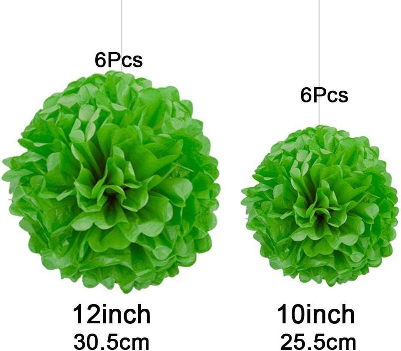 GAKA Green and Light Green Tissue Paper Pom Poms,Hanging Flower Ball Decoration 10 inch and 12 inch,12 Piece Set for St. Patrick's Day Jungle Party Decorations - Image 2