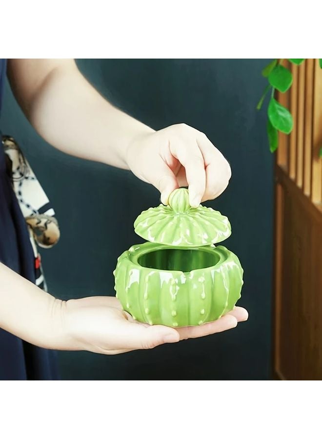 Green Cactus Ceramic Ashtray With Lid Smoke Proof Durable Desktop Smoker Accessory - Image 5