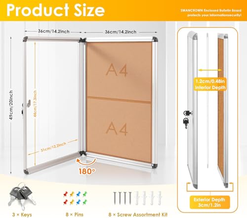 S SWANCROWN SWANCROWN Enclosed Bulletin Board,Lockable Cork Noticeboard for School Office,Wall Display Case with Lock 20"x14"(2xA4) - Image 2