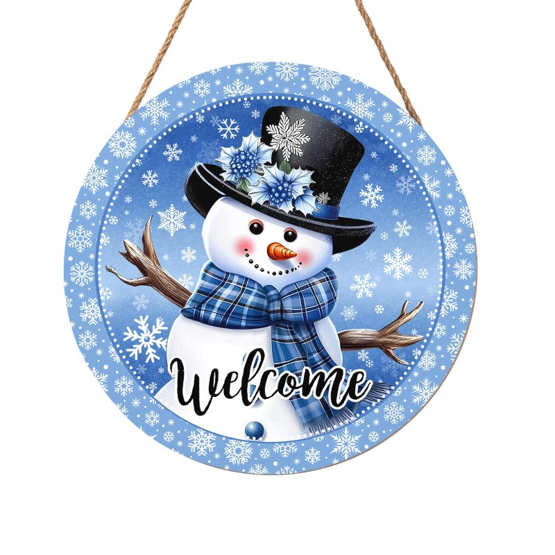 Harooni Welcome Winter Snowman Blue Sign for Front Door Christmas Snowflake Wood Door Hanger 12"x12" Holiday Welcome Decorations Rustic Wreath Wall Hanging Decorative for Home Wall Porch Yard Garden - Image 1