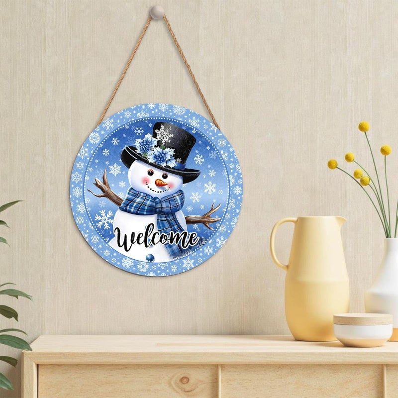 Harooni Welcome Winter Snowman Blue Sign for Front Door Christmas Snowflake Wood Door Hanger 12"x12" Holiday Welcome Decorations Rustic Wreath Wall Hanging Decorative for Home Wall Porch Yard Garden - Image 5