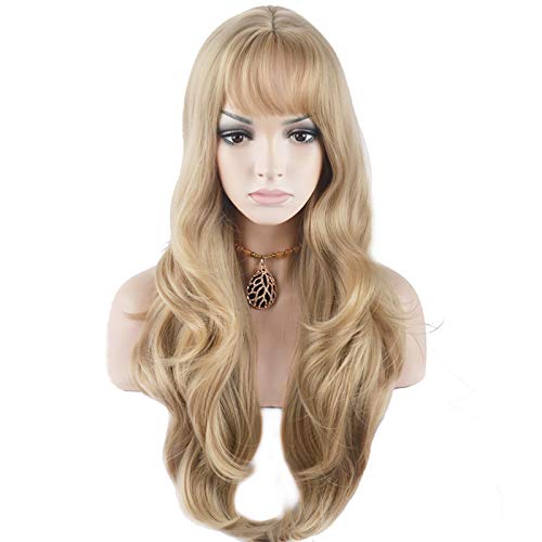 BERON 26 Inches Blonde Wig Long Wavy Wig Ash Blonde Wigs with Bangs for Women Gold Blonde Synthetic Wigs with Hairnet - Image 1