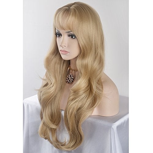 BERON 26 Inches Blonde Wig Long Wavy Wig Ash Blonde Wigs with Bangs for Women Gold Blonde Synthetic Wigs with Hairnet - Image 3