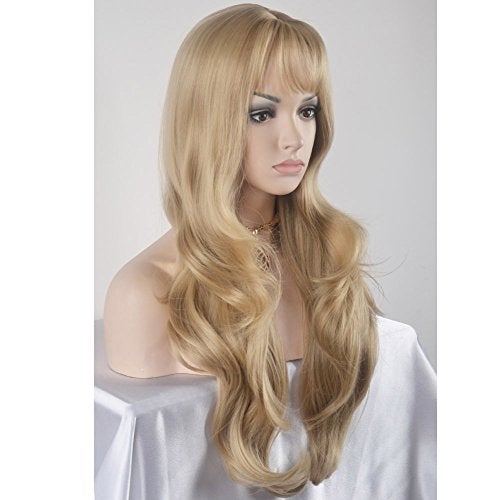 BERON 26 Inches Blonde Wig Long Wavy Wig Ash Blonde Wigs with Bangs for Women Gold Blonde Synthetic Wigs with Hairnet - Image 2