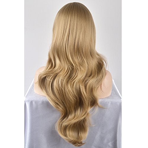 BERON 26 Inches Blonde Wig Long Wavy Wig Ash Blonde Wigs with Bangs for Women Gold Blonde Synthetic Wigs with Hairnet - Image 4