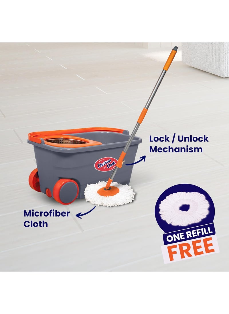 Chakaa chak Chakaachak Shine Spin Bucket Mop with Stainless Steel Wringer Plus 1 Free Refill Multicolor  - Image 2