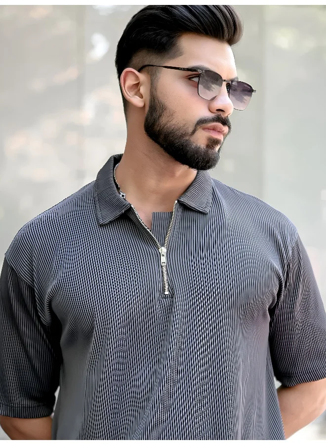 Maniac Maniac Mens Textured Polo Neck Half Sleeve Light Grey Half Zipper Cotton T-Shirt