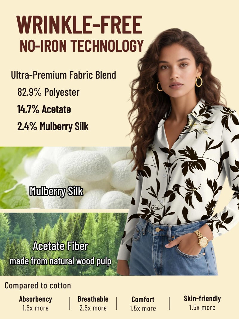 COUXILY Womens Button Down Blouse Long Sleeve Shirts for Women Tops Fall Business Casual Shirt Work Dressy Fashion Blouses Formal Elegant Trending Classy Print Office Boutique Floral 05 M - Image 3