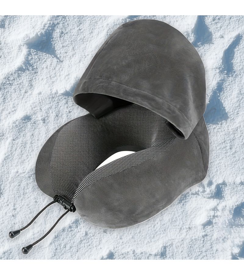 Grey Velvet Airplane Hooded Neck Pillow 360 Head Support Breathable with Eye Mask - Image 5