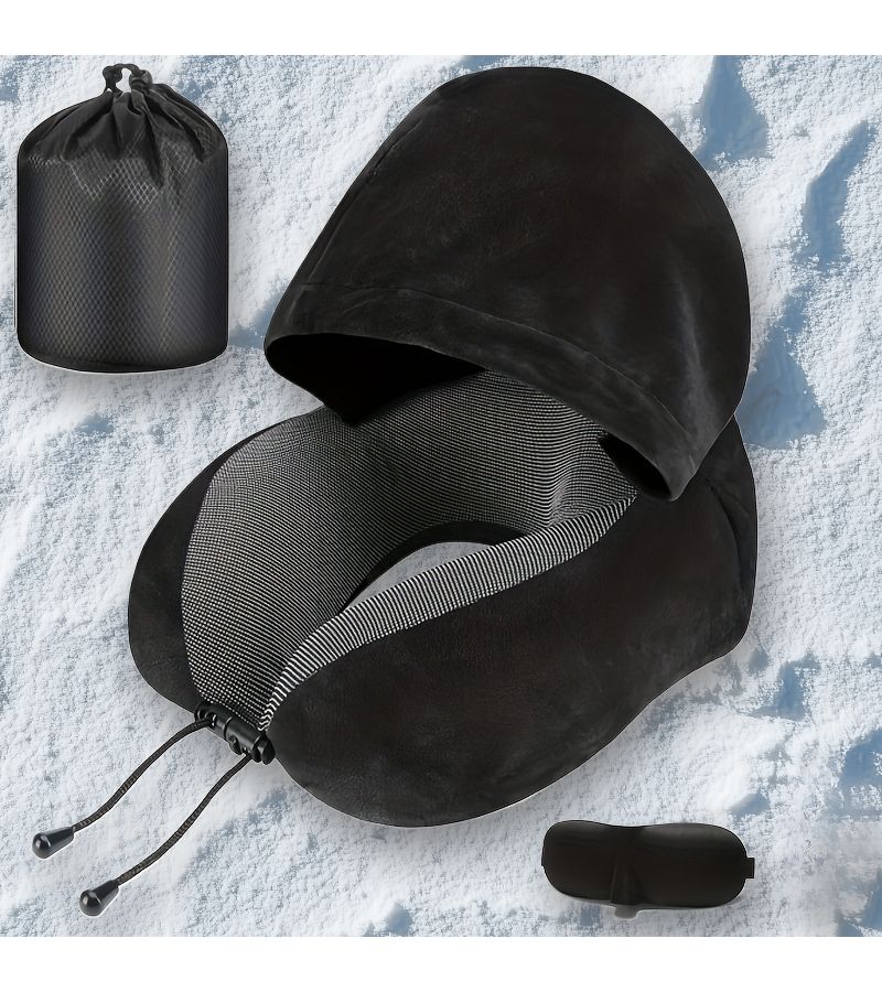 Grey Velvet Airplane Hooded Neck Pillow 360 Head Support Breathable with Eye Mask - Image 1